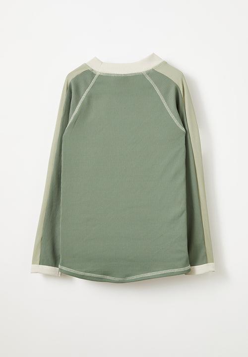 Cotton On - Flynn long sleeve raglan rash vest - swag green/rib stripe panel