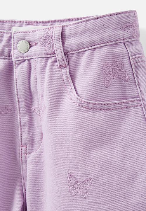 Cotton On - Winter denim short - lilac wash/ butterfly embroidery