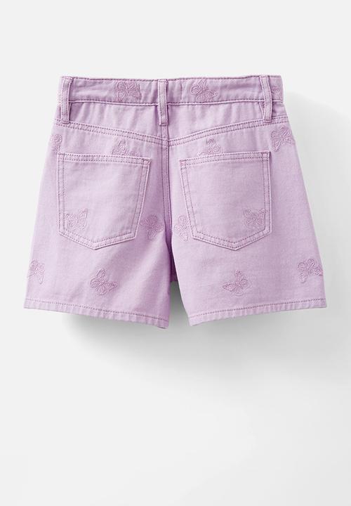 Cotton On - Winter denim short - lilac wash/ butterfly embroidery