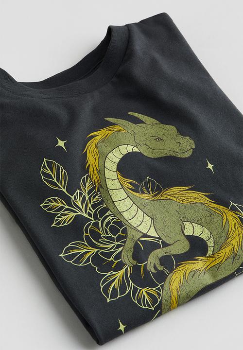 H&M - Oversized printed T-shirt - dark grey dragon