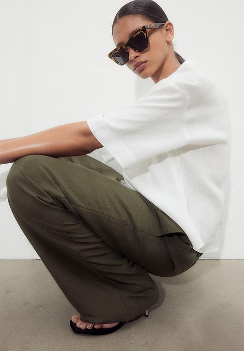H&M - Linen-blend pull-on trousers - dark khaki green