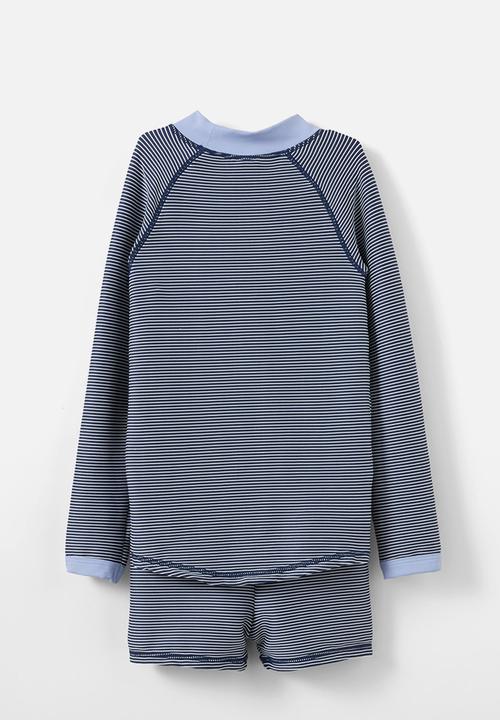 Cotton On - Flynn rash vest and billy boyleg trunk set - in the navy/texture stripe