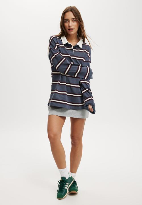 Cotton On - Oversized Long Sleeve Polo - Slate Blue Stripe