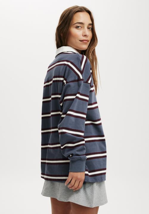 Cotton On - Oversized Long Sleeve Polo - Slate Blue Stripe