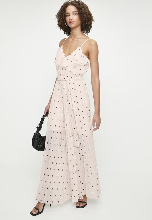 MILLA - Ruffle wide leg pleated jumpsuit - Ecru Black Mini Spot