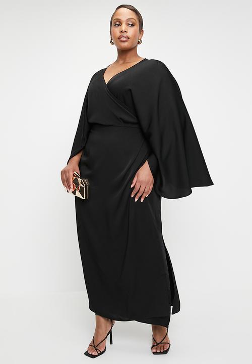 VELVET - Cape Sleeve Wrap Midi Dress - Black