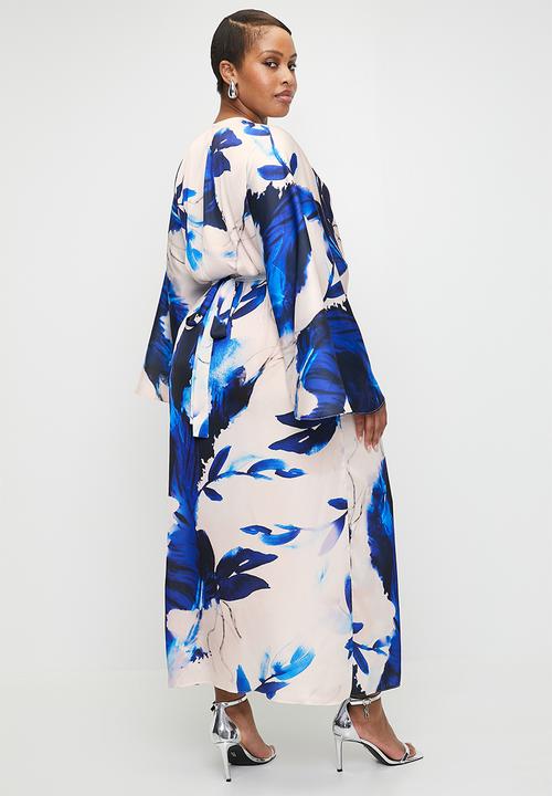 VELVET - Cape Sleeve Wrap Midi Dress - Blues Watercolour Leaf
