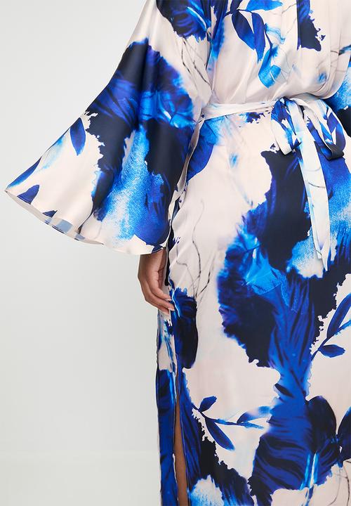 VELVET - Cape Sleeve Wrap Midi Dress - Blues Watercolour Leaf