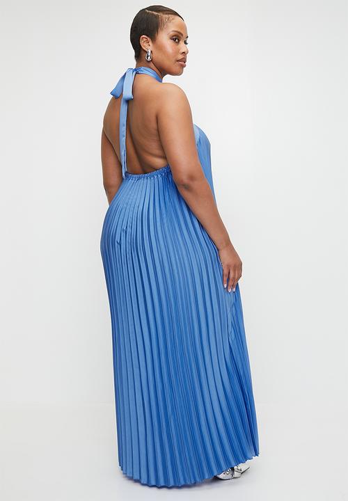 VELVET - Pleated halter trapeze dress - Blue