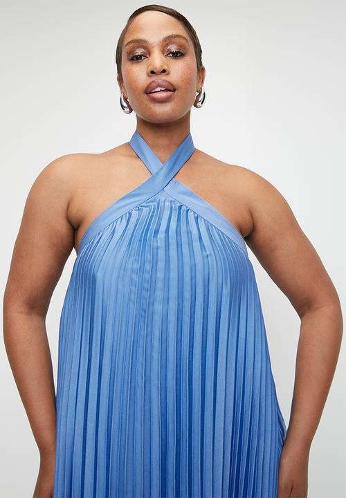 VELVET - Pleated halter trapeze dress - Blue