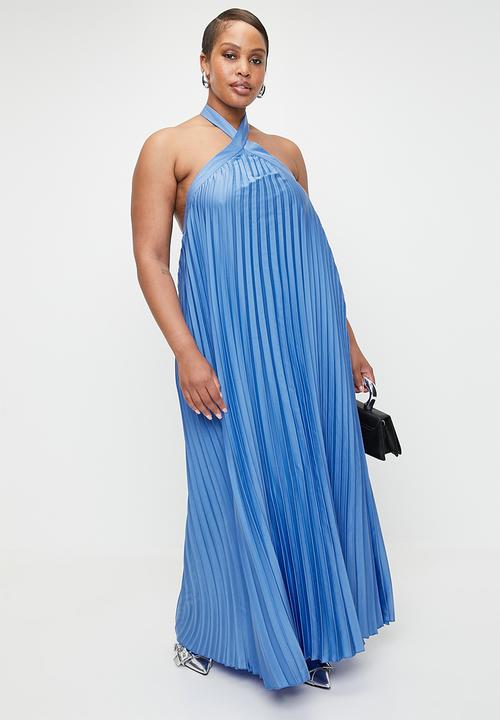 VELVET - Pleated halter trapeze dress - Blue
