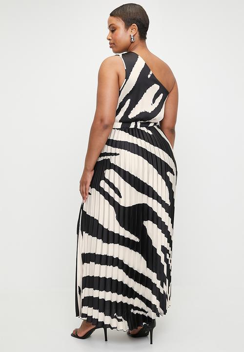 VELVET - Asymmetric Sunray Pleated Maxi Dress - Black Ecru Macro Zebra