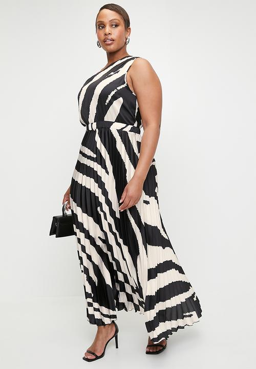 VELVET - Asymmetric Sunray Pleated Maxi Dress - Black Ecru Macro Zebra