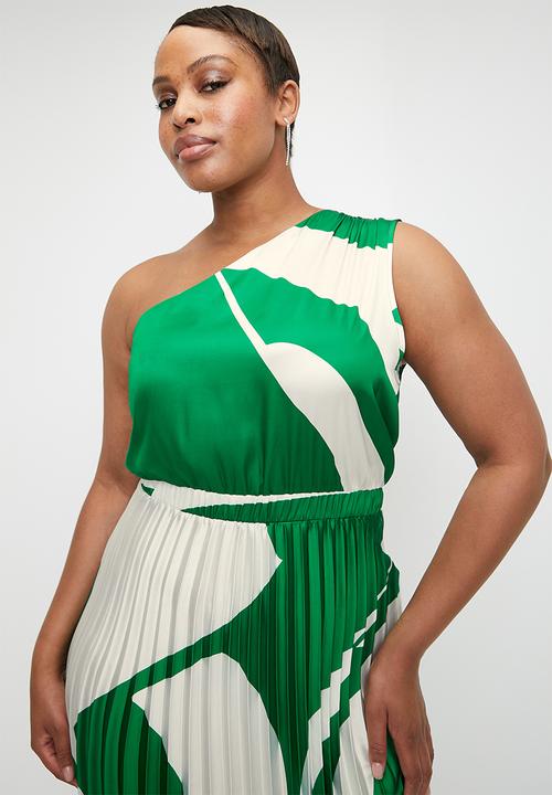 VELVET - Asymmetric Sunray Pleated Maxi Dress - Emerald Macro Colour Block