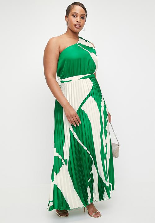 VELVET - Asymmetric Sunray Pleated Maxi Dress - Emerald Macro Colour Block