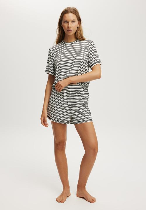 Cotton On - Dreamy Short Sleeve Jersey Sleep Set - Black/White Stripe
