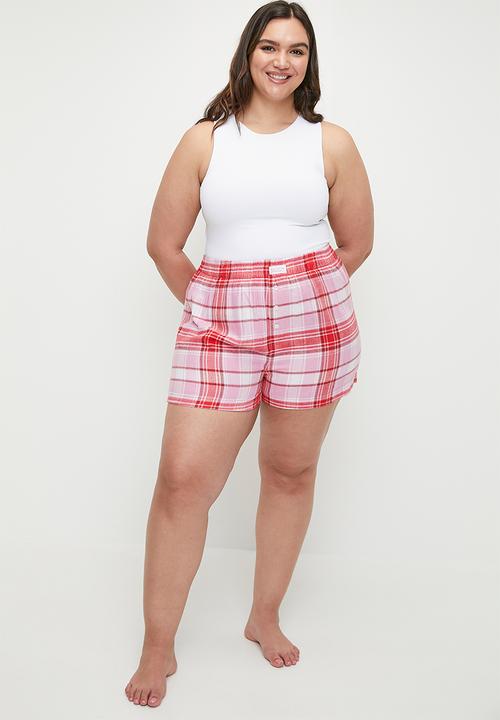 Cotton On - Plus Flannel Boyfriend Boxer Short-Remmi Check/Cherry Pop