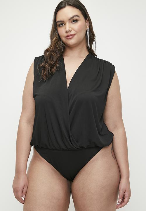 MILLA - V-neck wrap over combo bodysuit plus - black