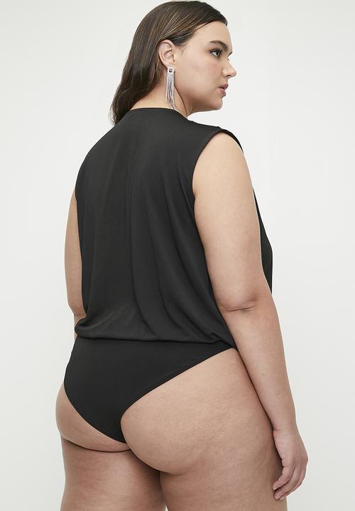MILLA - V-neck wrap over combo bodysuit plus - black