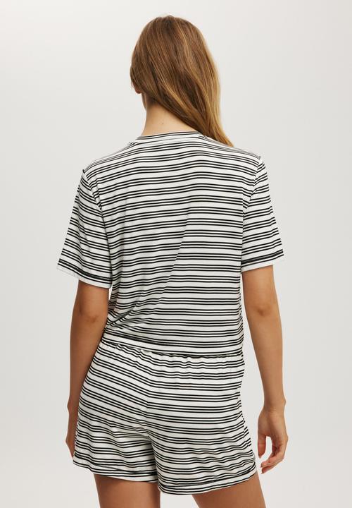 Cotton On - Plus Dreamy Short Sleeve Jersey Sleep Set-Black/White Stripe