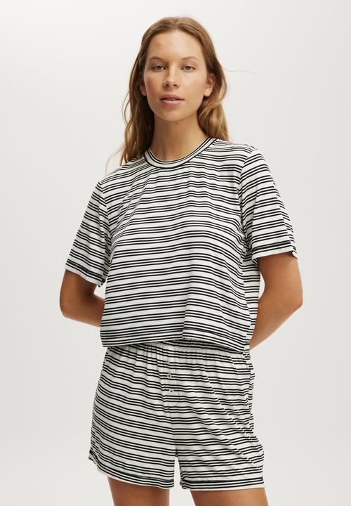 Cotton On - Plus Dreamy Short Sleeve Jersey Sleep Set-Black/White Stripe