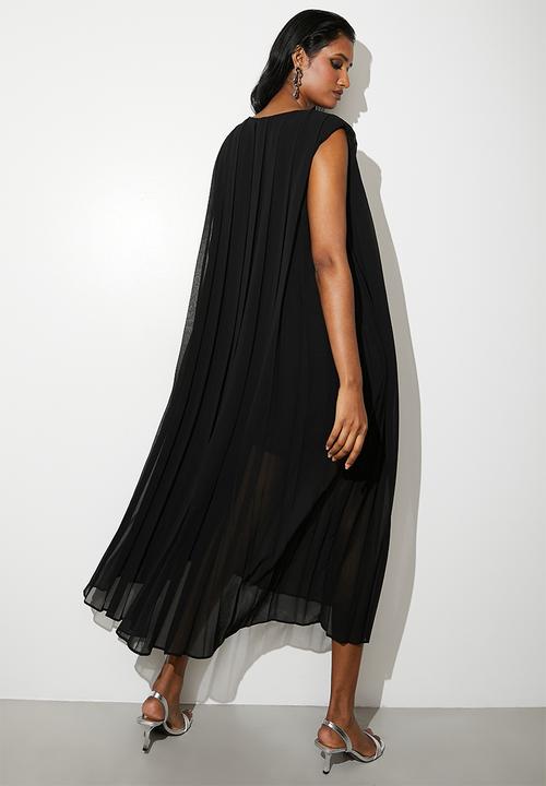 VELVET - V-neck pleated trapeze midi dress - black