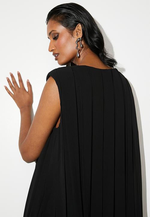 VELVET - V-neck pleated trapeze midi dress - black