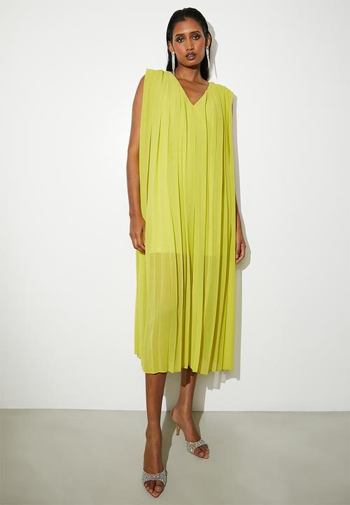 VELVET - V-neck pleated trapeze midi dress - chartreuse