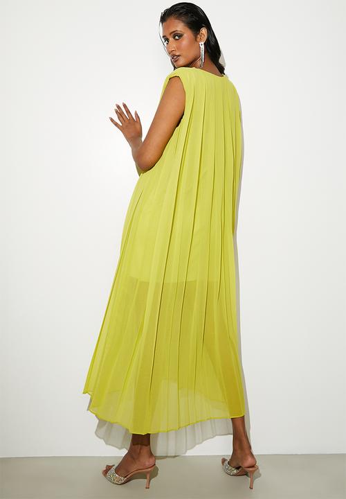 VELVET - V-neck pleated trapeze midi dress - chartreuse