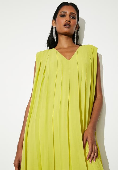 VELVET - V-neck pleated trapeze midi dress - chartreuse