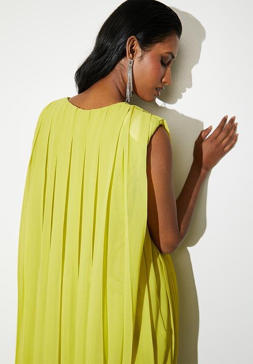 VELVET - V-neck pleated trapeze midi dress - chartreuse