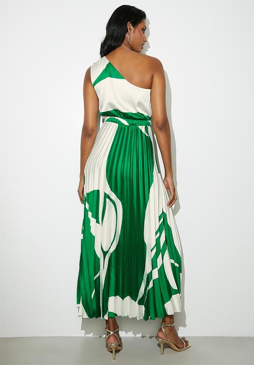 VELVET - Asymmetric sunray pleated maxi dress - emerald macro colour block