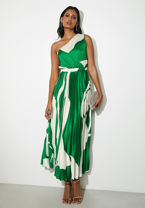 VELVET - Asymmetric sunray pleated maxi dress - emerald macro colour block