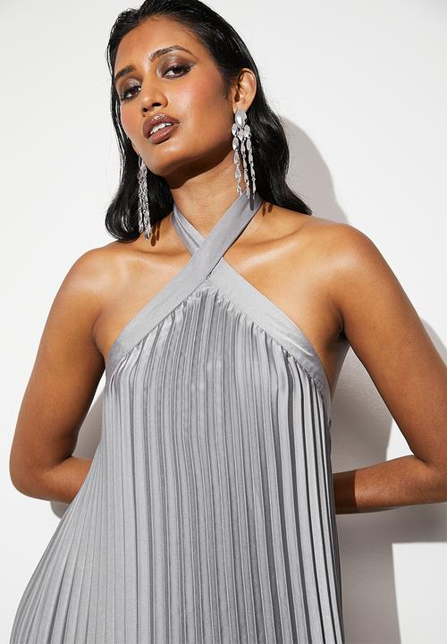 VELVET - Pleated halter trapeze dress - grey