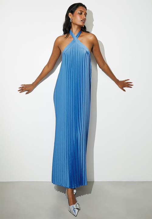 Pleated halter trapeze dress - blue