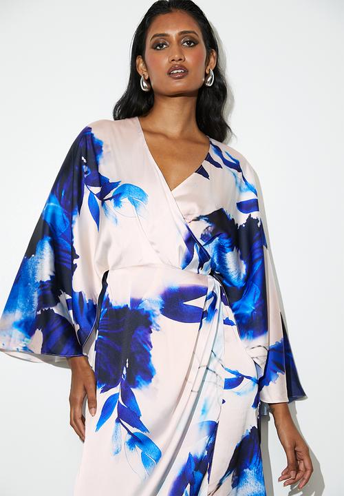 VELVET - Cape sleeve wrap midi dress - blues watercolour leaf- aop