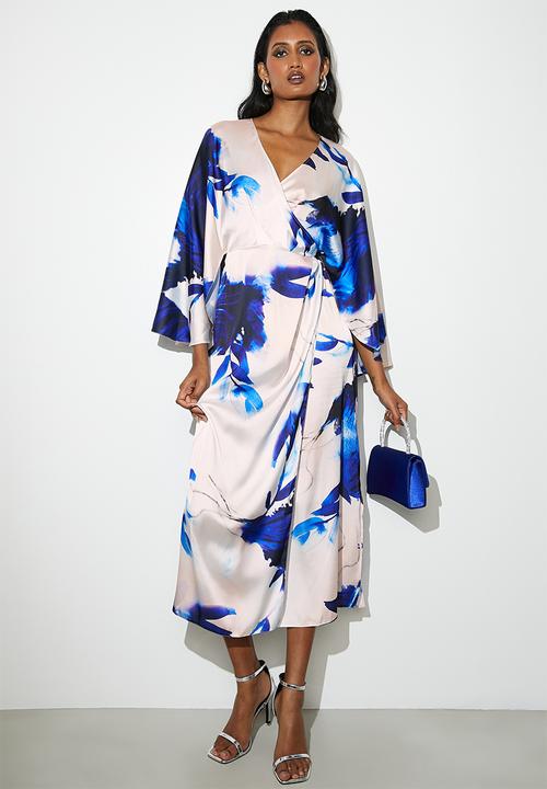 VELVET - Cape sleeve wrap midi dress - blues watercolour leaf- aop