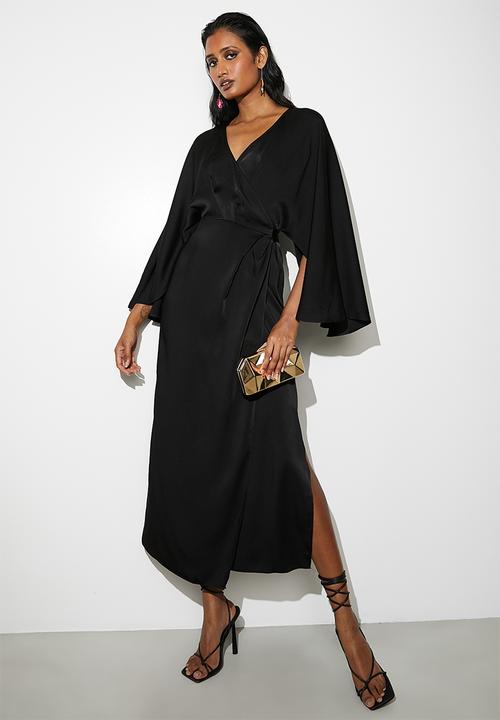 VELVET - Cape sleeve wrap midi dress - black