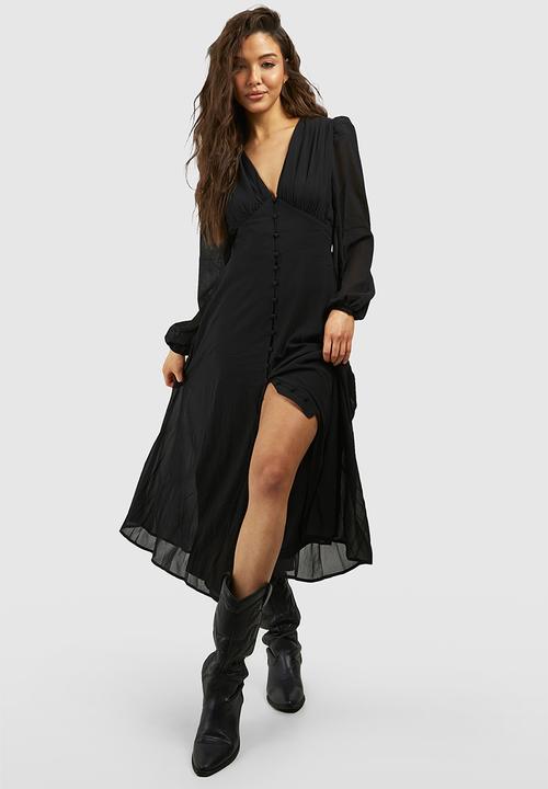Puff Sleeve Button Through Midi Dress - Black