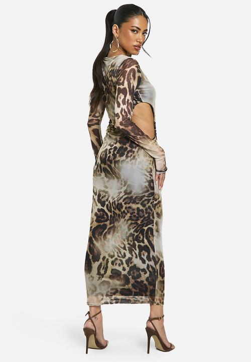 boohoo - Cut Out Long Sleeve Ruched Leopard Mesh Midaxi Dress - Brown