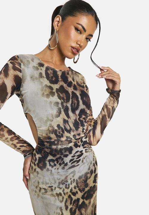 boohoo - Cut Out Long Sleeve Ruched Leopard Mesh Midaxi Dress - Brown