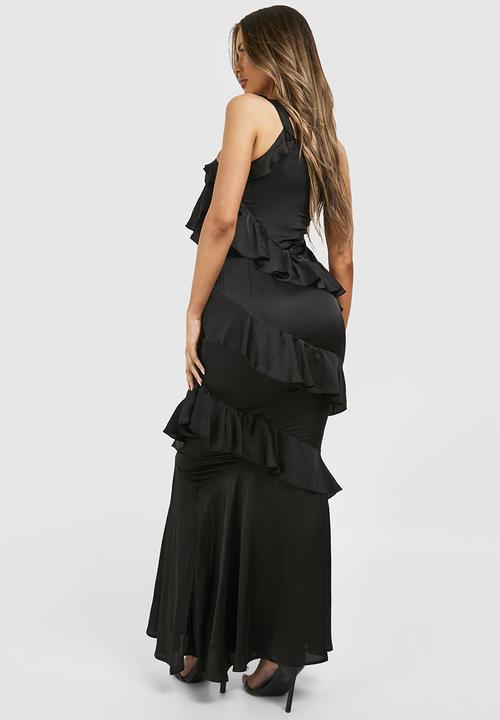 boohoo - One Shoulder Ruffle Maxi Dress - Black