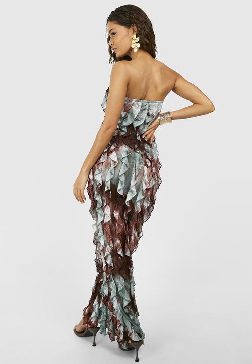 boohoo - Bandeau Ruffle Textured Tie Dye Maxi Dress - Chocolate