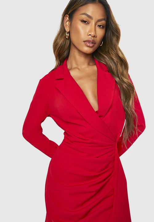 boohoo - Ruched Drape Long Sleeve Blazer Dress - Red