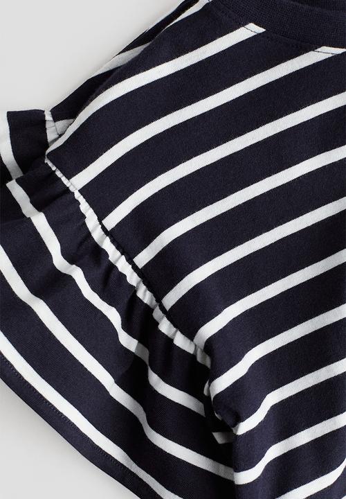 H&M - Flounce-sleeved jersey top - navy blue striped