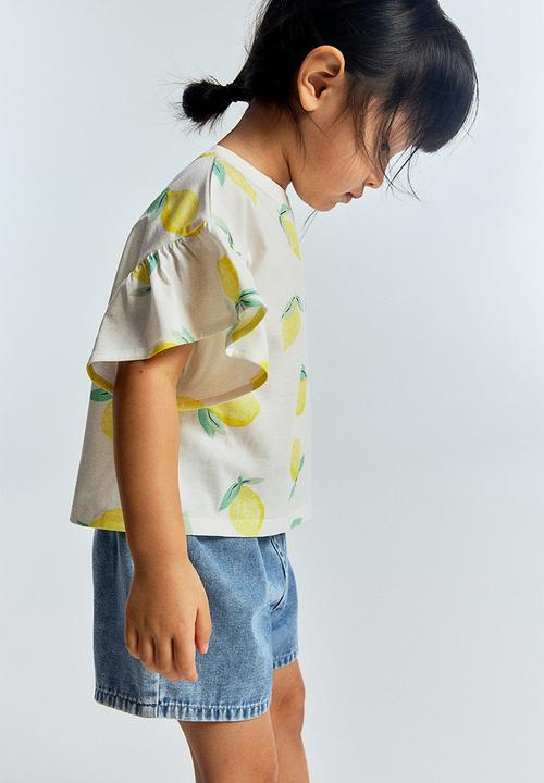 H&M - Flounce-sleeved jersey top - white & lemons