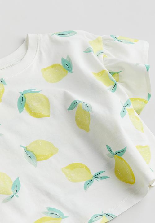 H&M - Flounce-sleeved jersey top - white & lemons