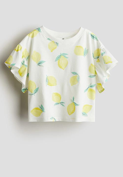 H&M - Flounce-sleeved jersey top - white & lemons