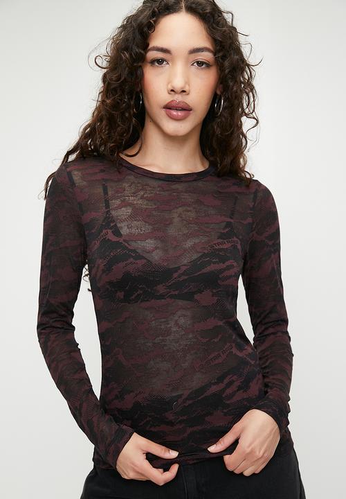 G-STAR - Fine lace aop slim r t wmn long sleeve - black & burgundy 