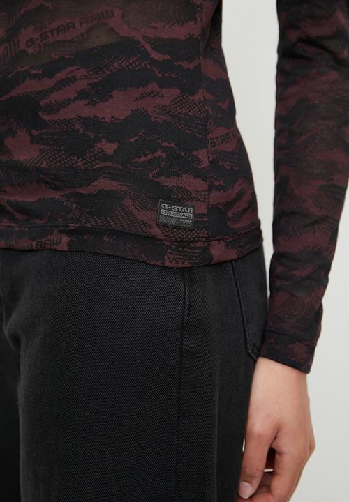 G-STAR - Fine lace aop slim r t wmn long sleeve - black & burgundy 